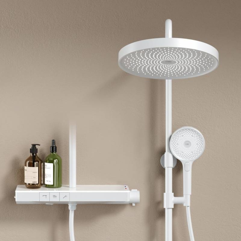 Duschsystem mit Thermostat, runder Kopfbrause & 3-Strahl-Handbrause – in Weiß von EMKE