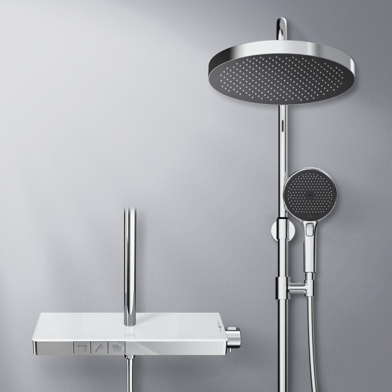 Duschsystem mit Thermostat, 320 mm Kopfbrause & Ablage – mit Antikalk- & Luftblasenfunktion von EMKE