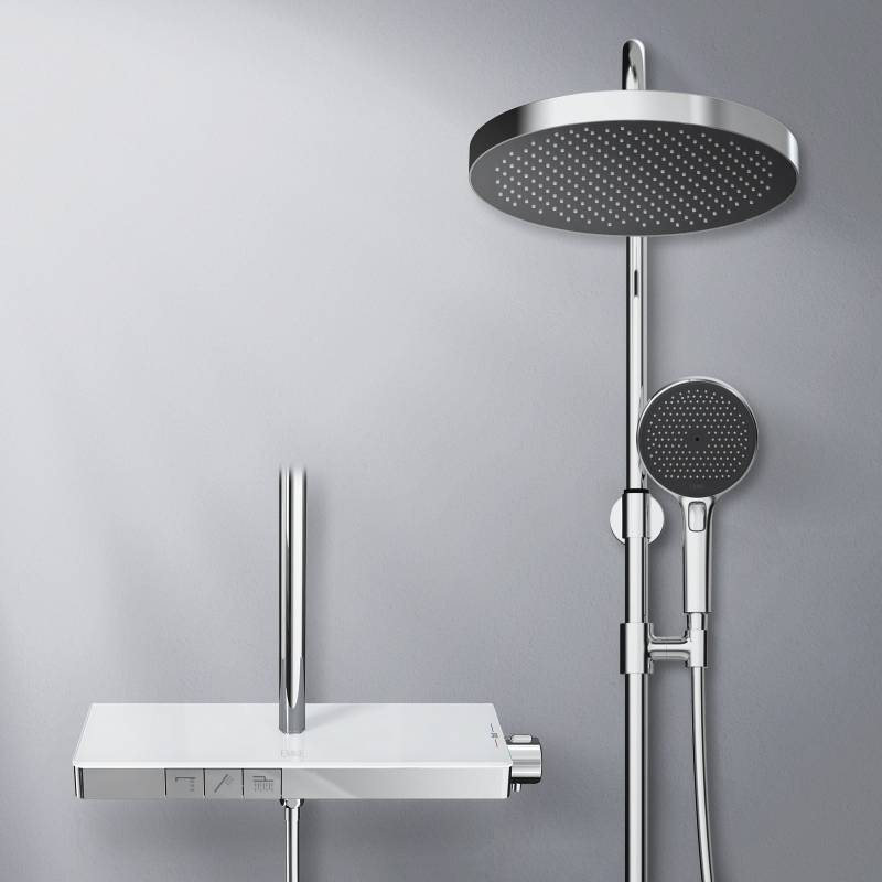 Duschsystem mit Thermostat, 320 mm Kopfbrause & Ablage – mit Antikalk- & Luftblasenfunktion von EMKE