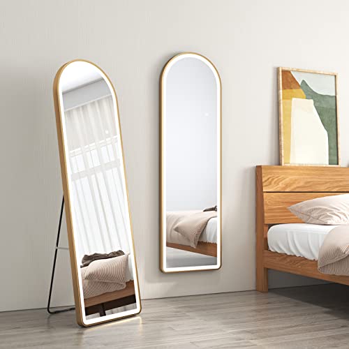 EMKE Ganzkörperspiegel mit Beleuchtung 3 Lichtfarbe Dimmbar 147x45cm LED Standspiegel Groß mit Touchschalter Ganzkörperspiegel Gold von EMKE