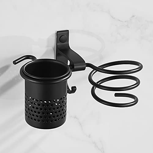 EMKE Haartrocknerhalter Schwarz Fönhalter für Badezimmer mit Haken + Korb Installation mit Bohren oder Selbstklebende für Haarpflegewerkzeuge und Lockenstab Raum Aluminium (2 Stücke) von EMKE
