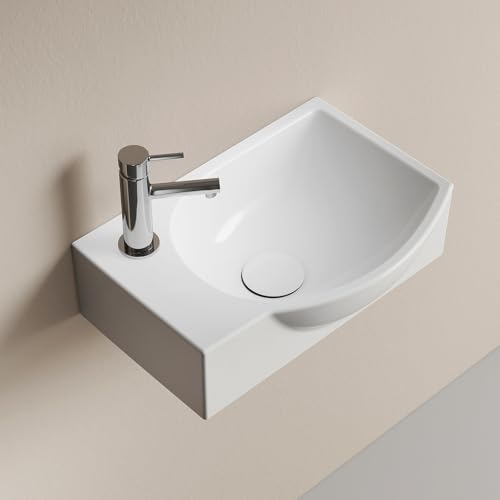 EMKE Hänge-Waschbecken 405 x 280 x 140 mm – Kompaktes und elegantes Waschbecken für kleine Badezimmer und Gäste-WC – Wasserhahn links, Wandmontage, weiß glänzend EMKE Hänge-Waschbecken 405 x 280 x 140 mm – Kompaktes und elegantes Waschbecken für kleine Badezimmer und Gäste-WC – Wasserhahn links, Wandmontage, weiß glänzend von EMKE
