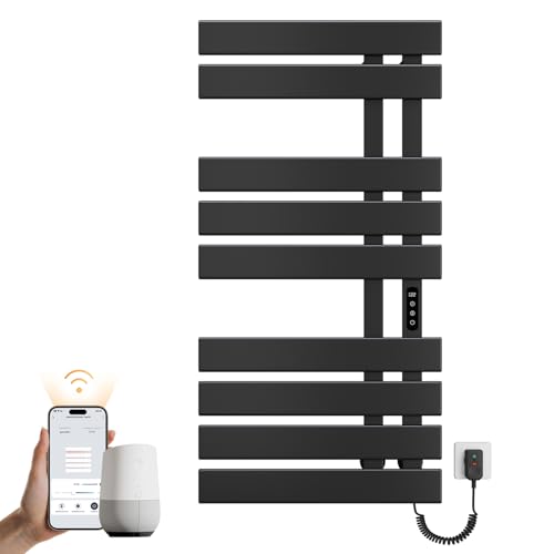 EMKE Handtuchheizkörper Elektrisch 100 x 50 cm, Elektrischer Badheizkörper Handtuchhalter, WiFi Intelligenter Handtuchwärmer Elektrisch für Alexa und Google Home und APP Schwarz Right 320W von EMKE