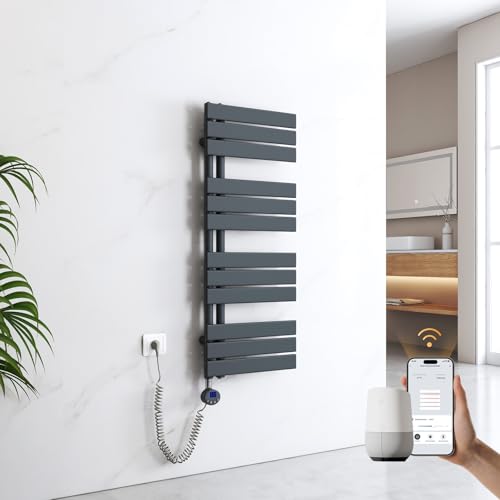 EMKE Handtuchheizkörper Elektrisch 1041x400 mm, WiFi Intelligenter Badheizkörper Elektrisch mit Thermostat Elektrischer Handtuchwärmer Handtuch Heizkörper Bad mit Heizstab Anthrazit 400W von EMKE