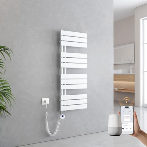 EMKE Handtuchheizkörper Elektrisch 1041x400 mm, WiFi Intelligenter Badheizkörper Elektrisch mit Thermostat Elektrischer Handtuchwärmer Handtuch Heizkörper Bad mit Heizstab Weiß 400W von EMKE