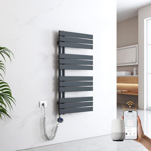 EMKE Handtuchheizkörper Elektrisch 1041x500 mm, WiFi Intelligenter Badheizkörper Elektrisch mit Thermostat Elektrischer Handtuchwärmer Handtuch Heizkörper Bad mit Heizstab Anthrazit 600W von EMKE