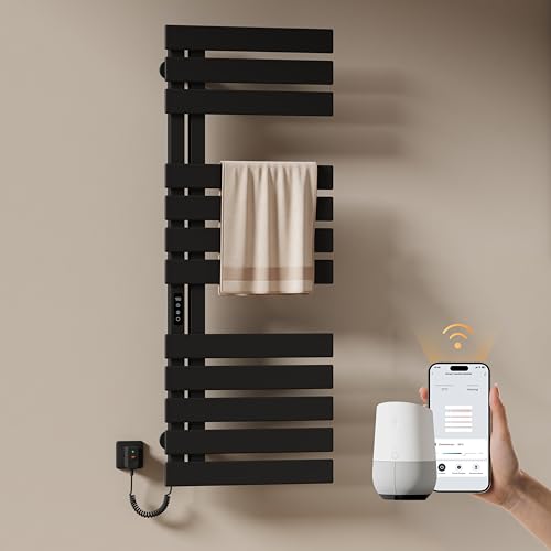 EMKE Handtuchheizkörper Elektrisch 1300 x 500 mm, WiFi Smart Thermostat Elektrischer Badheizkörper Handtuchhalter, Handtuchwärmer Elektrisch für Alexa und Google Home und APP Schwarz 440W (Left) von EMKE