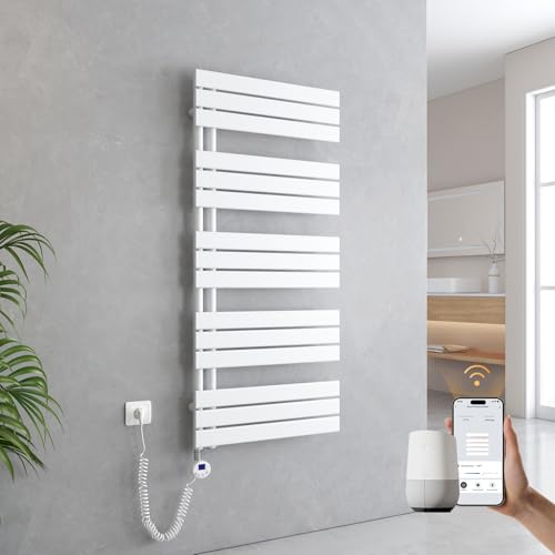 EMKE Handtuchheizkörper Elektrisch 1320x600 mm, WiFi Intelligenter Badheizkörper Elektrisch mit Thermostat Elektrischer Handtuchwärmer Handtuch Heizkörper Bad mit Heizstab Weiß 800W von EMKE