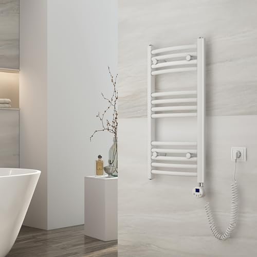 EMKE Badheizkörper Elektrisch 75x40 cm, Gebogen Handtuchheizkörper Elektrisch mit Thermostat, Handtuchtrockner Handtuchwärmer mit Timer Weiß 250 Watt von EMKE