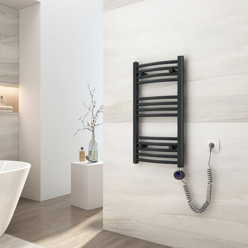 EMKE Badheizkörper Elektrisch 75x40 cm, Gebogen Handtuchheizkörper Elektrisch mit Thermostat Klein Handtuchtrockner Handtuchwärmer mit Timer Anthrazit 250 Watt EMKE Badheizkörper Elektrisch 75x40 cm, Gebogen Handtuchheizkörper Elektrisch mit Thermostat Klein Handtuchtrockner Handtuchwärmer mit Timer Anthrazit 250 Watt von EMKE