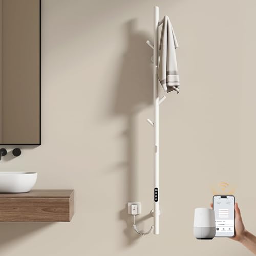 EMKE Handtuchtrockner Elektrisch, Design Elektrischer Handtuchheizkörper mit einer Stange, Intelligenter Einstellbare Temperatur Badheizkörper Handtuchhalter, Handtuchwärmer mit 6 Haken Weiß von EMKE