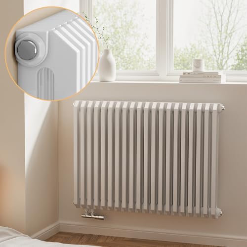 EMKE Heizkörper 600x840 mm, D-Form Flachheizkörper Design Heizkörper Horizontal Doppellagig Paneelheizkörper Seitenanschluss Weiß 1383W von EMKE