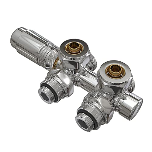 EMKE Multiblock Heizkörper Ventil-Armaturen, Hahnblock Heizungszubehör Eck und Durchgangsform 50mm, Ventilhahnblock Heizkörperventil mit Thermostat (Für 16mm Rohre * G1/2", 1 Stück, Chrom) von EMKE