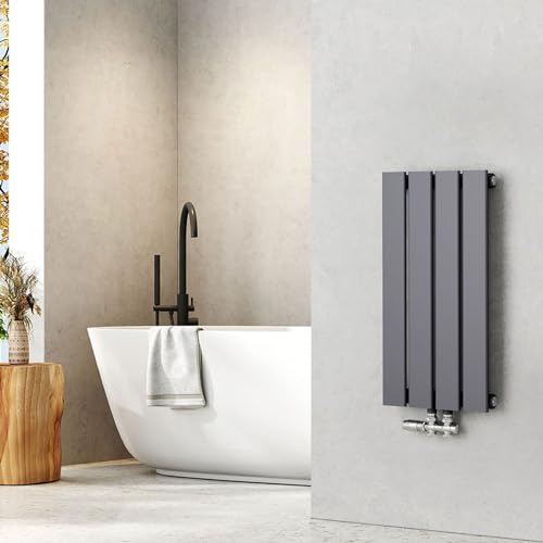 EMKE Heizkörper Klein 600x300mm Anthrazit, Design Heizkörper Flach für Badezimmer Flachheizkörper Einlagig, Vertikal Heizkörper Bad Paneelheizkörper Mittelanschluss 233W von EMKE