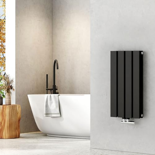 EMKE Heizkörper Klein 600x300mm Schwarz, Design Heizkörper Flach für Badezimmer Flachheizkörper Doppellagig, Vertikal Heizkörper Bad Paneelheizkörper Mittelanschluss 327W von EMKE
