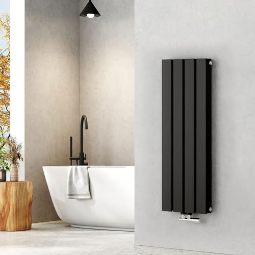 EMKE Heizkörper Klein 900x300mm Schwarz, Design Heizkörper Flach Vertikal Heizkörper Bad Flachheizkörper Doppellagig Paneelheizkörper Mittelanschluss für Badezimmer 446W von EMKE