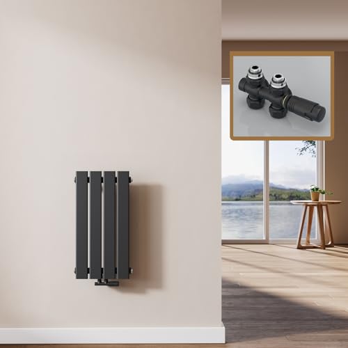 EMKE Heizkörper Klein mit Multiblock 60 x 30 cm, Design Flachheizkörper Einlagig Flach Vertikal Paneelheizkörper Mittelanschluss Wandheizkörper Schwarz 233 Watt von EMKE