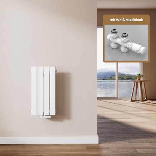EMKE Heizkörper Klein mit Multiblock 60 x 30 cm, Design Flachheizkörper Einlagig Flach Vertikal Paneelheizkörper Mittelanschluss Wandheizkörper Weiß 233 Watt von EMKE