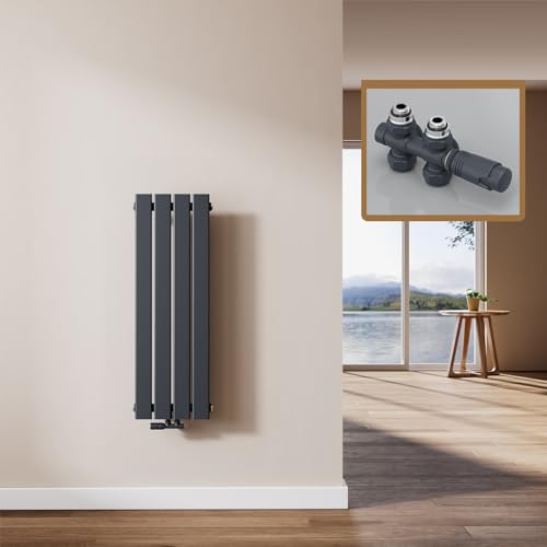 EMKE Heizkörper Klein mit Multiblock 90 x 30 cm, Design Flachheizkörper Einlagig Flach Vertikal Paneelheizkörper Mittelanschluss Wandheizkörper Anthrazit 403 Watt von EMKE