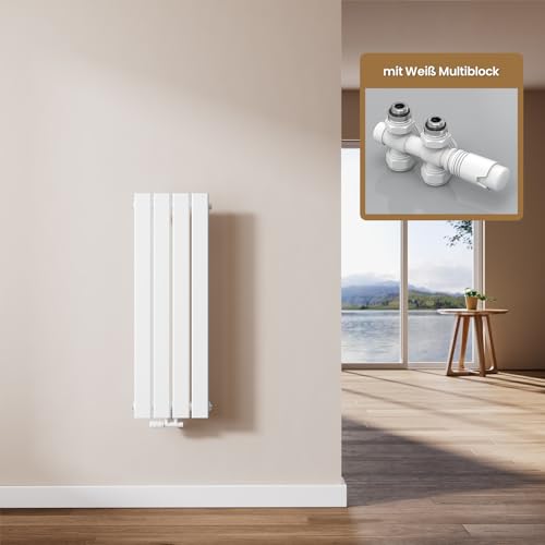 EMKE Heizkörper Klein mit Multiblock 90 x 30 cm, Design Flachheizkörper Einlagig Flach Vertikal Paneelheizkörper Mittelanschluss Wandheizkörper Weiß 403 Watt von EMKE