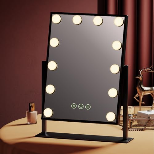 EMKE Hollywood Schminkspiegel mit Beleuchtung, 3 Lichtfarben Dimmbar 1X / 7X Spiegel mit Beleuchtung 360° Drehbar Schminkspiegel, 12 LED Licht Schwarz Schminktisch Spiegel EMKE Hollywood Schminkspiegel mit Beleuchtung, 3 Lichtfarben Dimmbar 1X / 7X Spiegel mit Beleuchtung 360° Drehbar Schminkspiegel, 12 LED Licht Schwarz Schminktisch Spiegel von EMKE