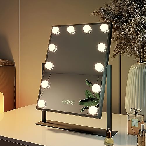 EMKE Hollywood Spiegel Schminkspiegel mit Beleuchtung, 360° Grad Spiegel für schminktisch mit 3 Lichtfarben dimmbar, Speicherfunktion, 12 LED Lampen schminktisch Spiegel 30x41 cm (Schwarz) von EMKE