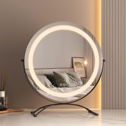 EMKE Hollywood Spiegel mit 3 Lichtfarben, Φ40CM Schminkspiegel mit Beleuchtung, Smart-Touch Schminktisch Spiegel mit Licht 360° drehbar, dimmbar und mit Memory-Funktion - Schwarz von EMKE