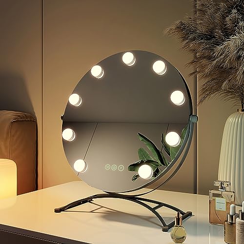 EMKE Hollywood Spiegel rund 40cm mit 3 Lichtfarben dimmbar, Schminkspiegel mit Beleuchtung 360° Grad drehbar mit 9 LED Lampen, Speicherfunktion Schminkspiegel für schminktisch Schwarz EMKE Hollywood Spiegel rund 40cm mit 3 Lichtfarben dimmbar, Schminkspiegel mit Beleuchtung 360° Grad drehbar mit 9 LED Lampen, Speicherfunktion Schminkspiegel für schminktisch Schwarz von EMKE