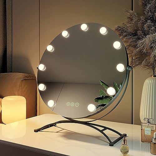 EMKE Hollywood Spiegel rund 50cm mit 3 Lichtfarben dimmbar, Schminkspiegel mit Beleuchtung 360° Grad drehbar mit 11 LED Lampen, Speicherfunktion Schminkspiegel für schminktisch Schwarz von EMKE