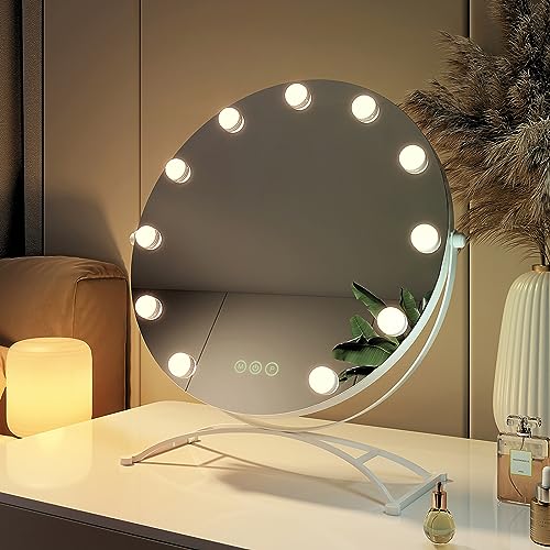 EMKE Hollywood Spiegel rund 50cm mit 3 Lichtfarben dimmbar, Schminkspiegel mit Beleuchtung 360° Grad drehbar mit 11 LED Lampen, Speicherfunktion Schminkspiegel für schminktisch Weiß EMKE Hollywood Spiegel rund 50cm mit 3 Lichtfarben dimmbar, Schminkspiegel mit Beleuchtung 360° Grad drehbar mit 11 LED Lampen, Speicherfunktion Schminkspiegel für schminktisch Weiß von EMKE