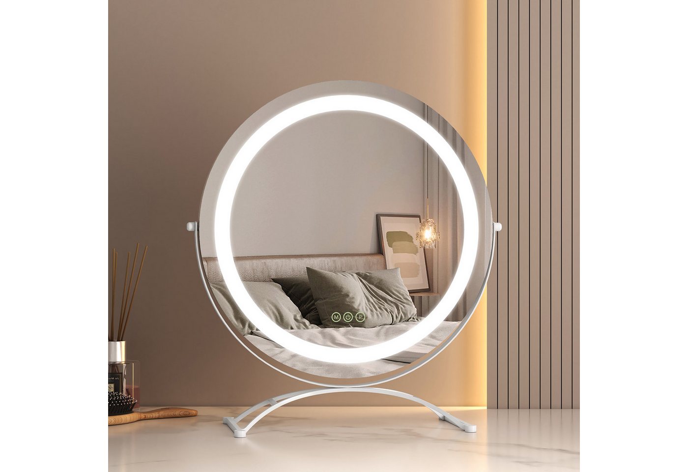 EMKE Kosmetikspiegel 360° Drehbar Schminkspiegel Runder Tischspiegel mit LED Beleuchtung, mit Touch, 3 Lichtfarben Dimmbar, Memory-Funktion, 360° Drehbar von EMKE