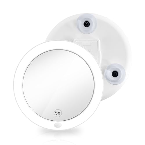 EMKE Kosmetikspiegel mit Beleuchtung mit 5 Fach Vergrößerungsspiegel, LED Badspiegel Vergrößerungsspiegel mit Saugnapf, Lupe für Badezimmer Wandspiegel（Weiß） von EMKE