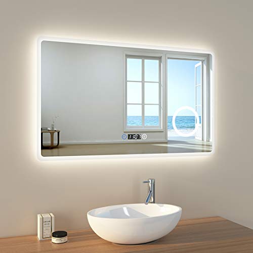 EMKE LED Badspiegel, 100x60cm Badezimmerspiegel mit Beleuchtung 3 Lichtfarbe 3000-6400K kaltweiß Neutral Warmweiß Lichtspiegel Badezimmerspiegel Wandspiegel mit Touchschalter mit Uhr IP44 von EMKE
