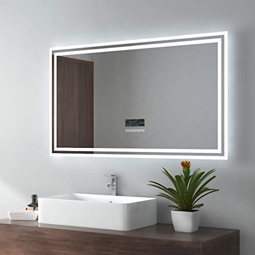 EMKE LED Badspiegel 100x60cm Wandspiegel Beleuchtung Badezimmerspiegel mit Bluetooth 4.1 Lautsprecher, Touchschalter, Beschlagfrei, Uhr von EMKE