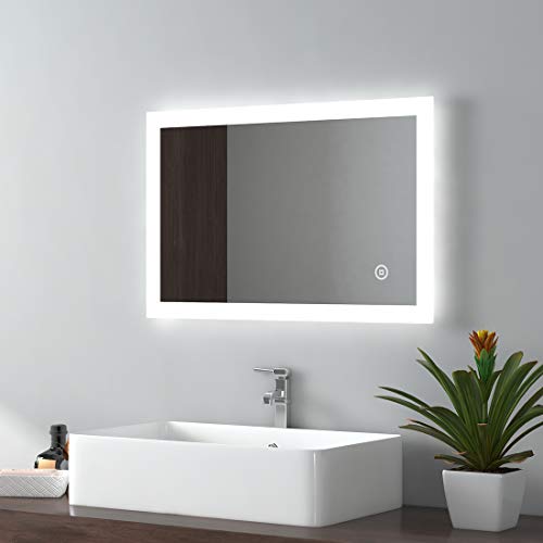 EMKE LED Badspiegel 40x60cm Badezimmerspiegel mit Beleuchtung kaltweiß Lichtspiegel Wandspiegel mit Touchschalter + beschlagfrei IP44 energiesparend von EMKE