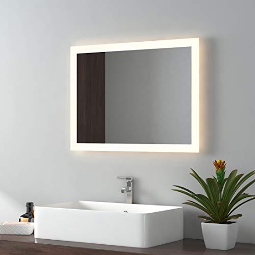 EMKE LED Badspiegel 45x60cm Wandspiegel Warmweißes Licht und Kaltesweißes Licht Badspiegel Mit beschlagfrei Mit Taste von EMKE