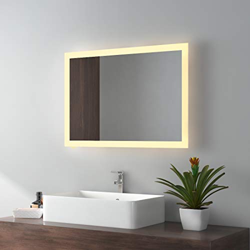 EMKE LED Badspiegel 50x70cm Badezimmerspiegel mit Beleuchtung Warmweissen Lichtspiegel Wandspiegel IP44 energiesparend von EMKE