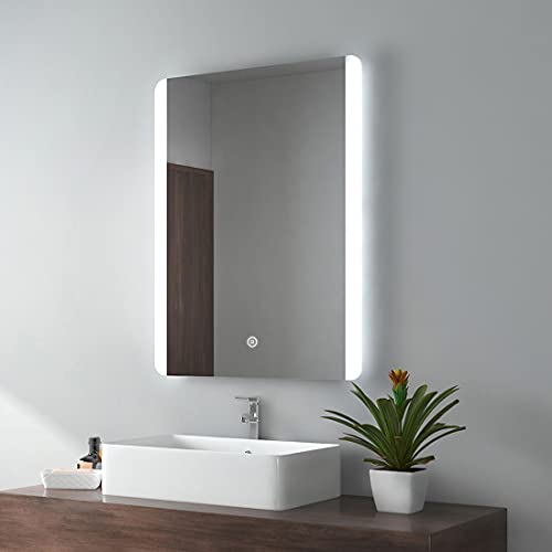 EMKE LED Badspiegel 60x80cm Badezimmerspiegel mit Beleuchtung kaltweiß Lichtspiegel Wandspiegel mit Touchschalter + beschlagfrei IP44 energiesparend von EMKE