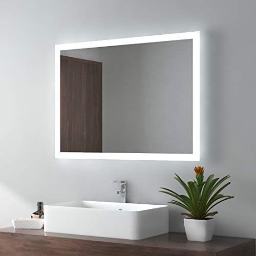 EMKE LED Badspiegel 80x60cm Badezimmerspiegel Wandspiegel Warmweißes Licht und Kaltesweißes Licht Badspiegel Mit beschlagfrei Mit Taste von EMKE