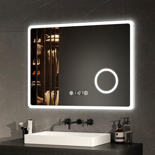 EMKE LED Badspiegel 80x60cm Badezimmerspiegel mit Beleuchtung Lichtspiegel Wandspiegel mit Touchschalter, Beschlagfrei, Uhr, 3-Fach Vergrößerung von EMKE