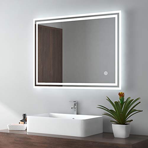 EMKE LED Badspiegel 80x60cm Badezimmerspiegel mit Beleuchtung kaltweiß Lichtspiegel Wandspiegel mit Touchschalter + beschlagfrei IP44 energiesparend von EMKE