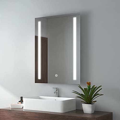 EMKE LED Badspiegel 60x80cm Badezimmerspiegel mit Beleuchtung 6500K kaltweiß Wandspiegel mit Touchschalter + beschlagfrei IP44 energiesparend von EMKE