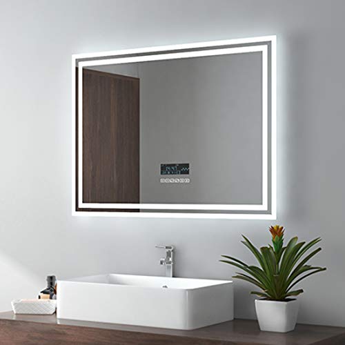 EMKE LED Badspiegel 80x60cm Wandspiegel Beleuchtung Badezimmerspiegel mit Bluetooth 4.1 Lautsprecher, Touchschalter, Beschlagfrei, Uhr von EMKE