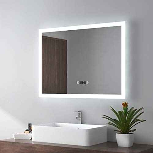 EMKE LED Badspiegel 80x60cm Wandspiegel Beleuchtung Badezimmerspiegel mit Touch-Schalter, Digitaluhr und Anti-Beschlag von EMKE