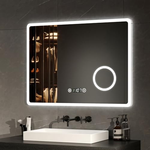 EMKE LED Badspiegel 90x70cm Badezimmerspiegel mit Beleuchtung kaltweiß Lichtspiegel Wandspiegel mit Touchschalter + beschlagfrei + Uhr IP44 energiesparend von EMKE