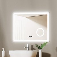 EMKE LED Badspiegel "LeeMi πX Plus" 80x60cm, 3 Lichtfarben, Touch, Dimmbar, Beschlagfrei, 3x Lupe, Uhr von EMKE