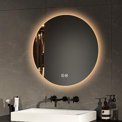 EMKE Badspiegel mit Beleuchtung Rund 50cm Badezimmerspiegel mit 3 Lichtfarbe dimmbar, Touch, Speicherfunktion Energiesparend Badezimmerspiegel Wandspiegel rund von EMKE