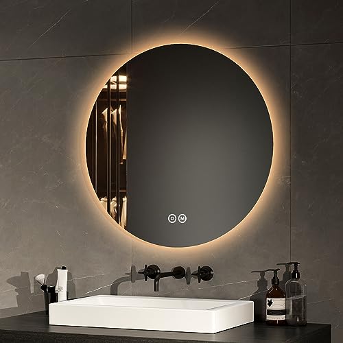 EMKE Badspiegel mit Beleuchtung Rund 60cm Badezimmerspiegel mit 3 Lichtfarbe dimmbar, Touch, Speicherfunktion Energiesparend Badezimmerspiegel Wandspiegel rund von EMKE