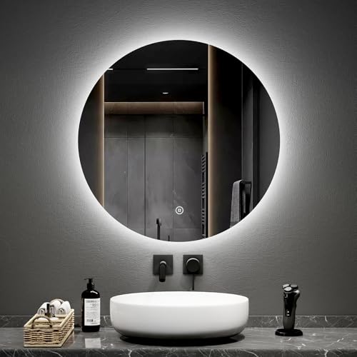 EMKE Badspiegel mit Beleuchtung 70 cm Durchmesser mit dimmbar kaltes weißes Licht 6500K, Speicherfunktion, Touchschalter IP44 energiesparend LED Badezimmerspiegel von EMKE