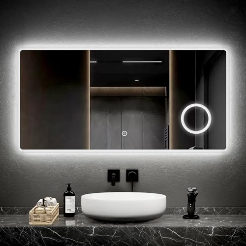 EMKE LED Badspiegel mit Beleuchtung 120x60cm Badezimmerspiegel kaltweiß Lichtspiegel Wandspiegel mit Touchschalter+3-Fach Vergrößerung Schminkspiegel IP44 energiesparend von EMKE